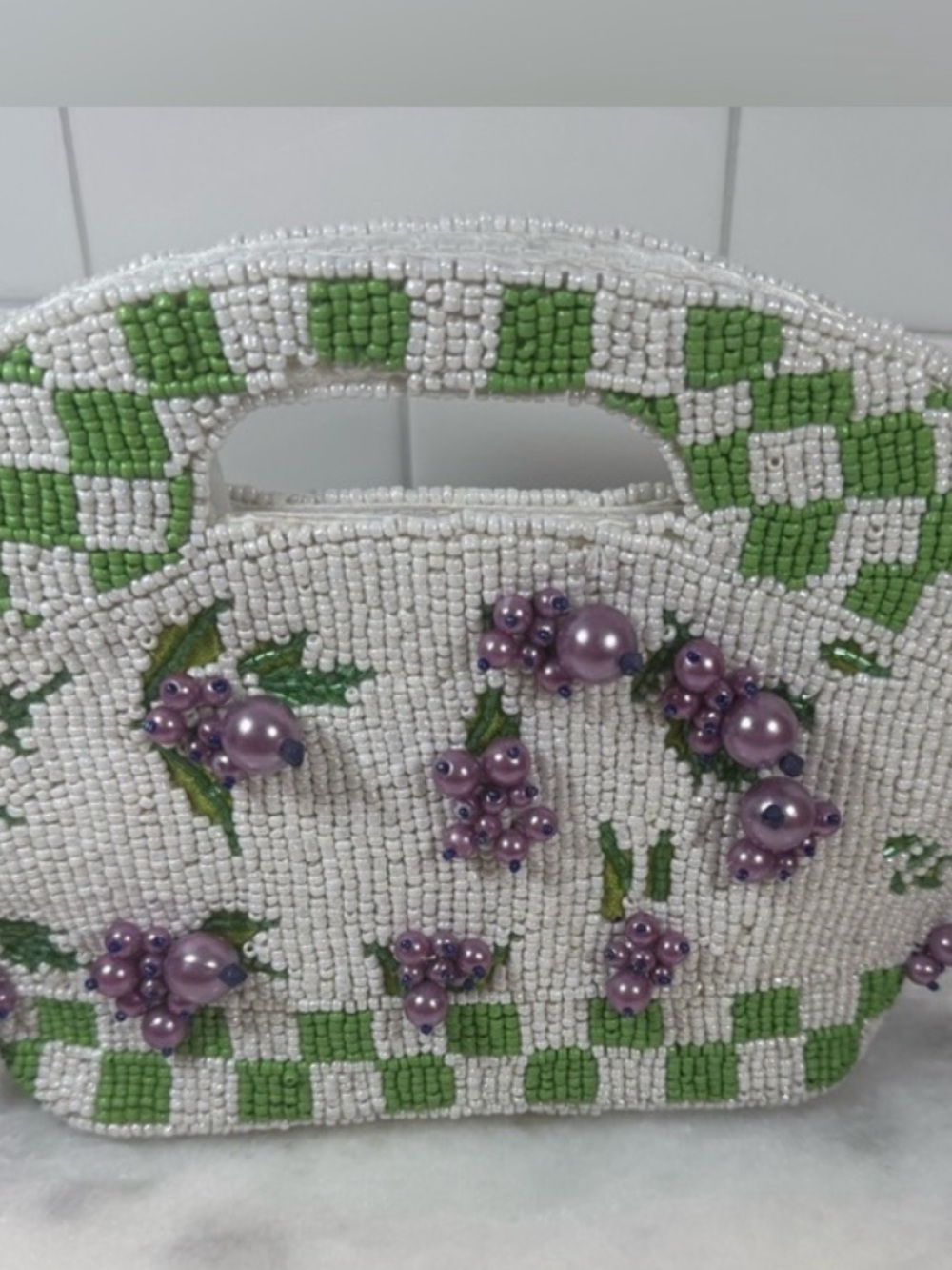 Beaded White & Green Floral Accent Handbag with Purple Pearl Embellishments